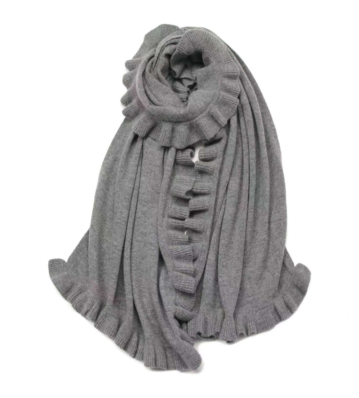 Women's cashmere scarf with Ruffles. Cashmere Ruffle Shawl for ladies in grey color