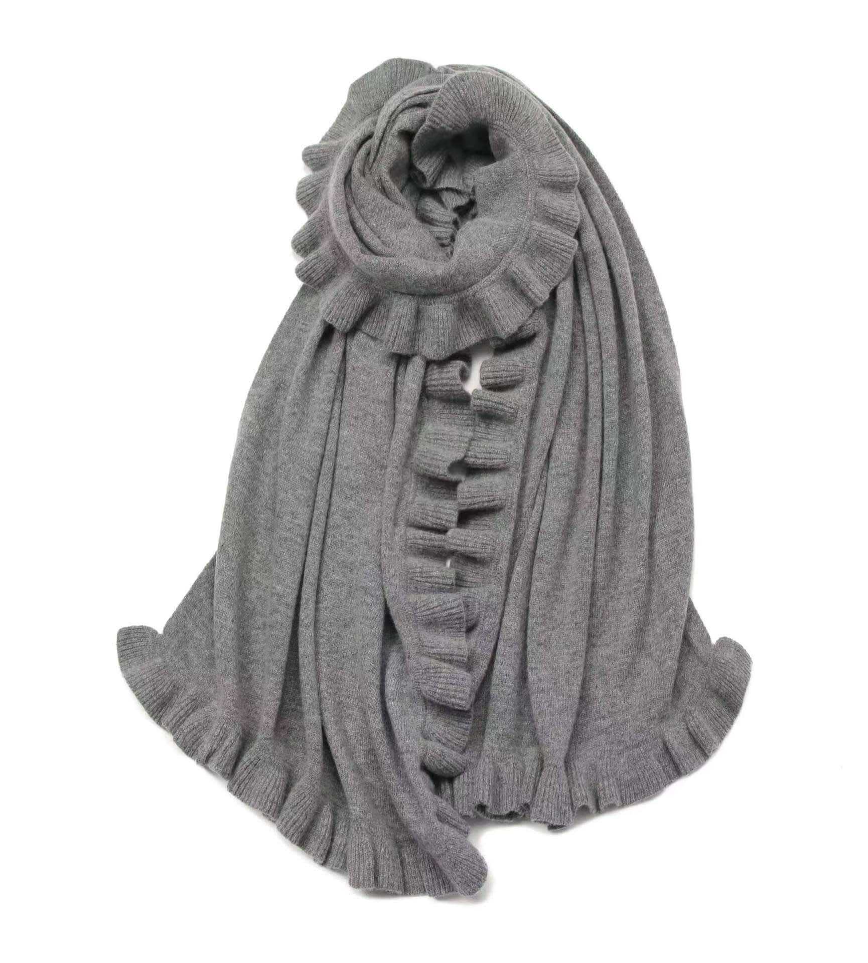Women's cashmere scarf with Ruffles. Cashmere Ruffle Shawl for ladies in grey color
