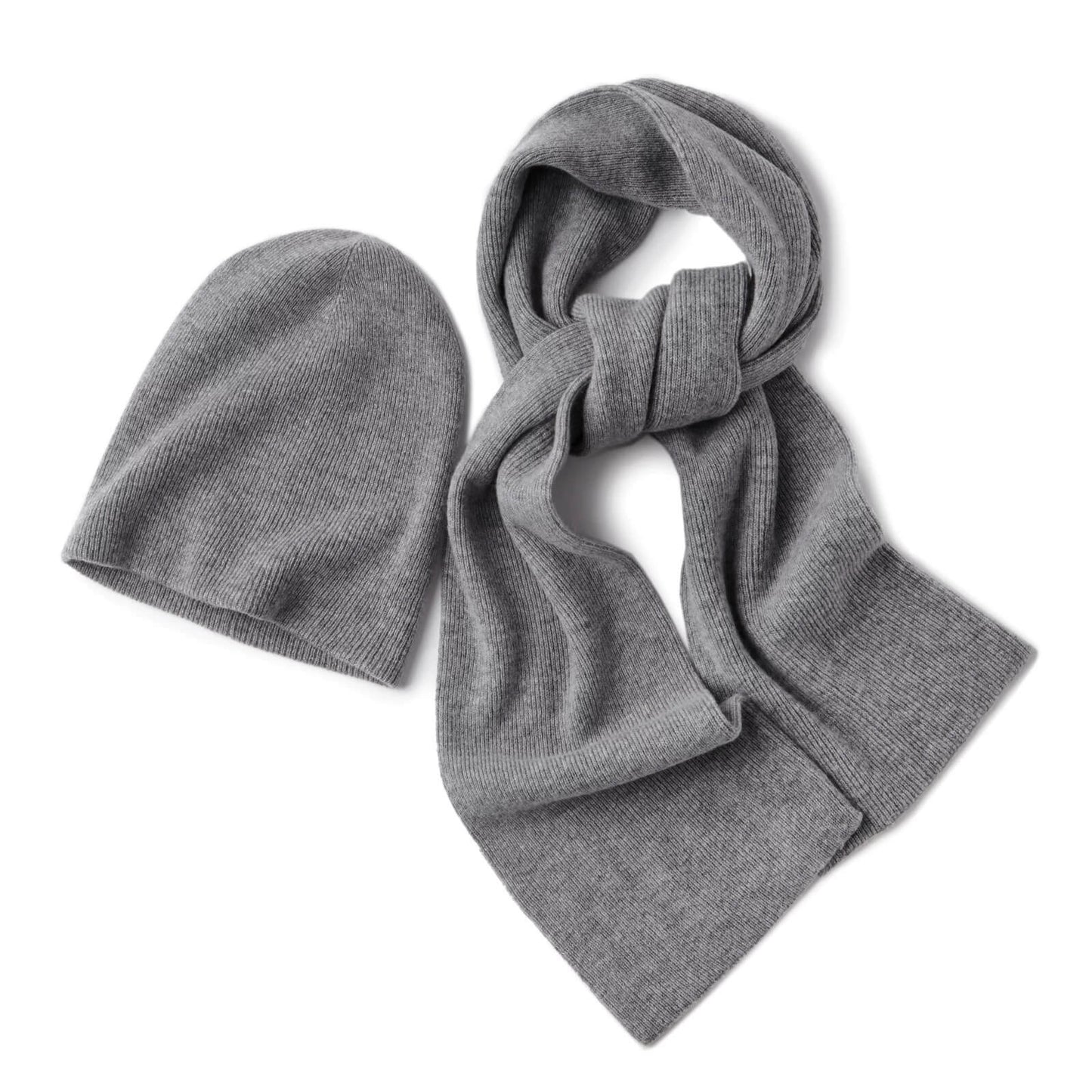 100% Cashmere Hat and Scarf Set Unisex Fine Rib Knit in grey color for women