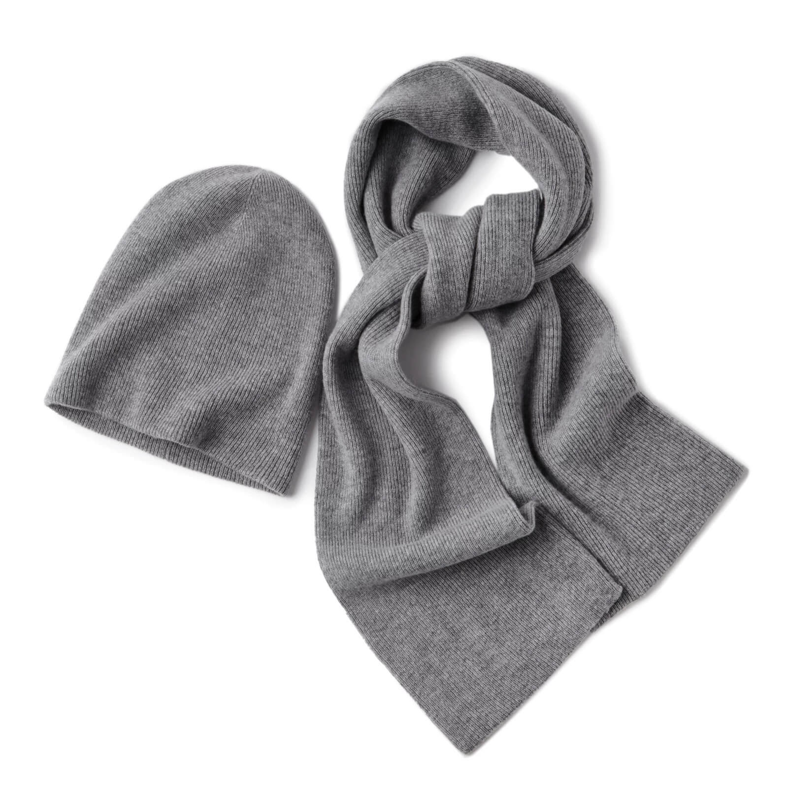 100% Cashmere Hat and Scarf Set Unisex Fine Rib Knit in grey color for women