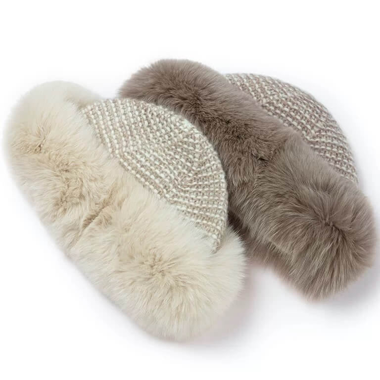 Handwoven mélange cashmere hat with detachable fox fur
