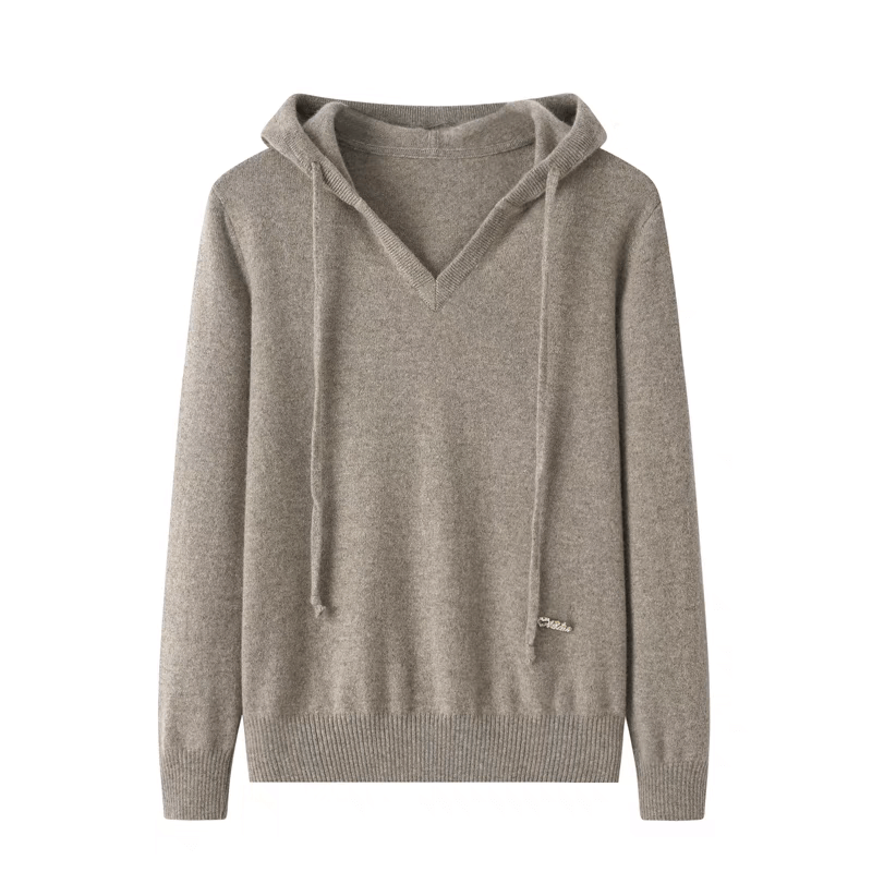 women's cashmere hoodie sweater in camel v neck 