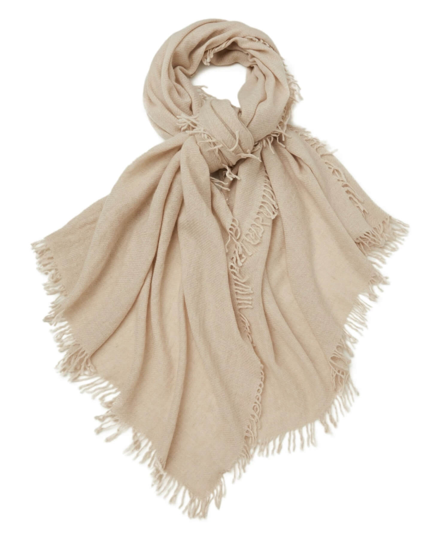 Soft beige cashmere wrap with hand-twisted fringe edges