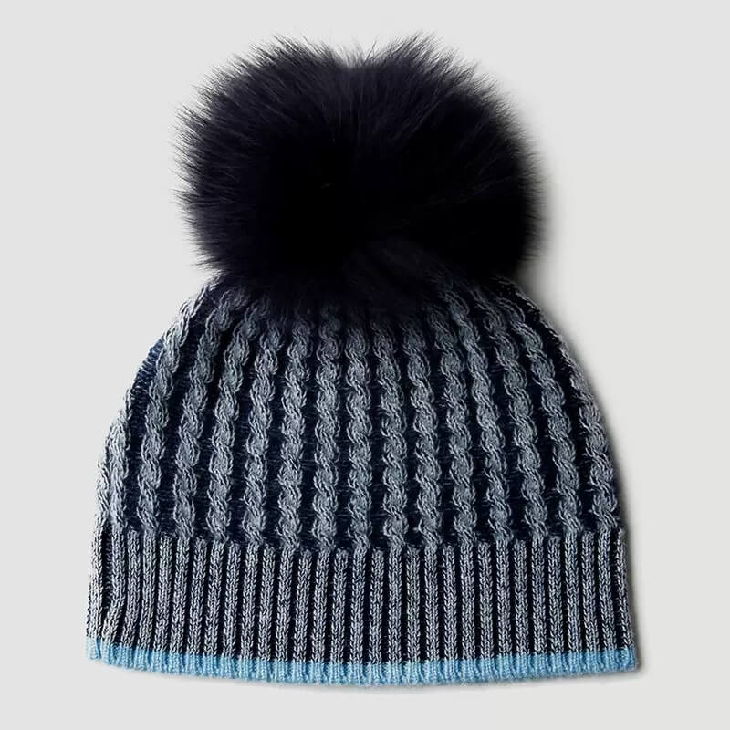 100% Cashmere Cable Knit Pom Pom Hat in Teal and Gray – Women’s Two-Tone Beanie