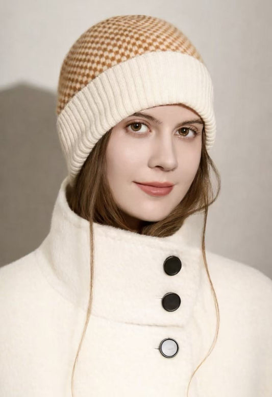 100% Cashmere Checkerboard Beanie with Ribbed Cuff