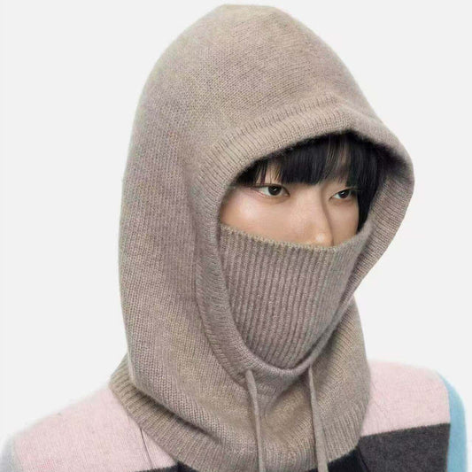 100% Cashmere Balaclava for Women – Thick Double-Knit Cashmere Hood Scarf with Adjustable Drawstring