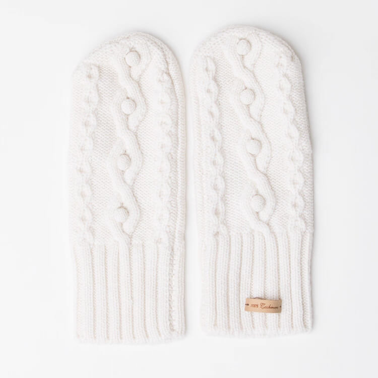 Women’s 100% Cashmere Cable Knit Gloves Thick, Full-Finger Style in Pure White 