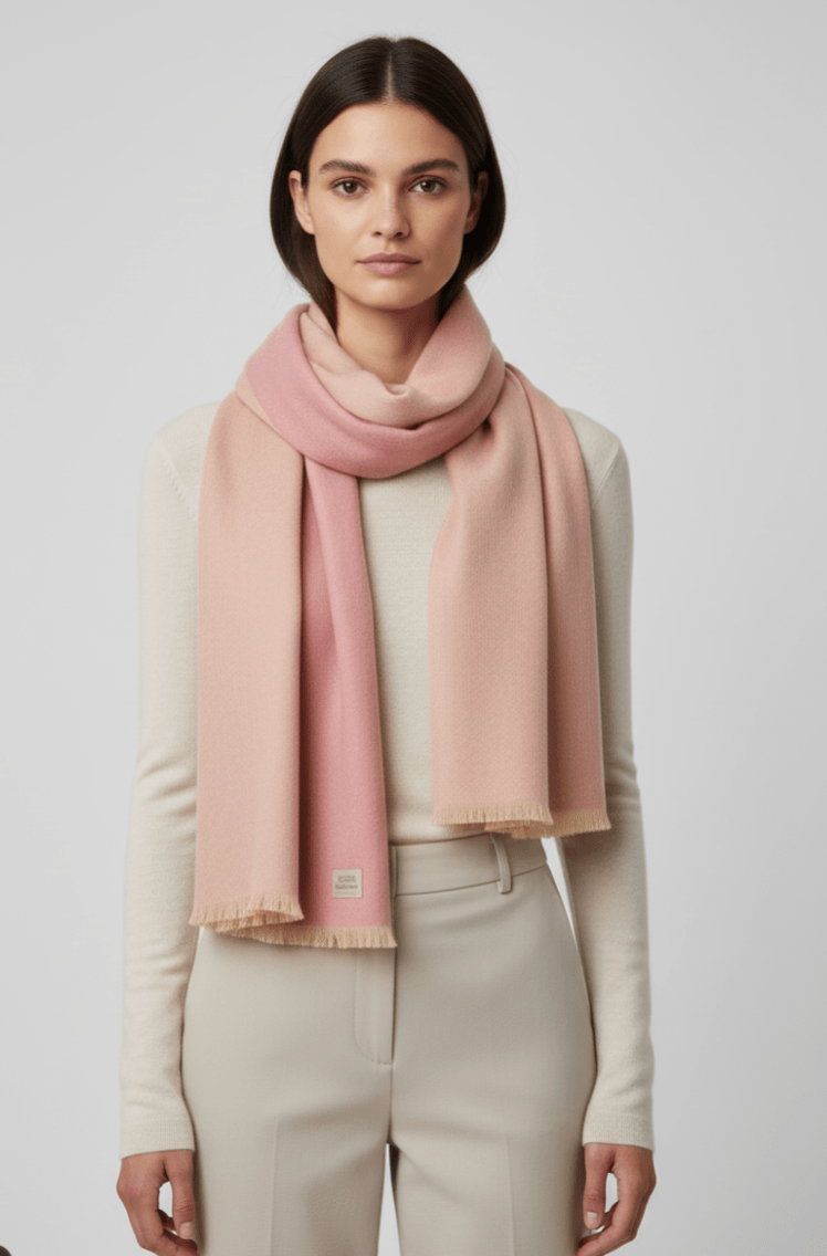 Women's reversible two-tone cashmere scarf styled as a luxury wrap for travel, office wear and everyday elegance