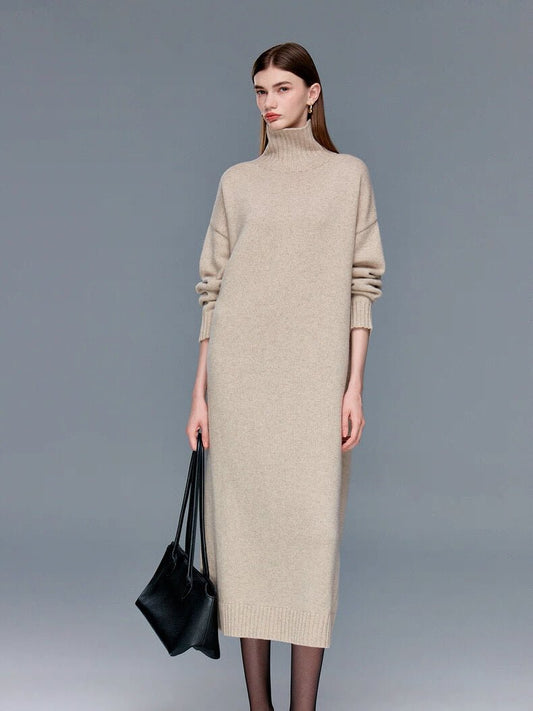 Women’s 100% cashmere turtleneck long dress minimalist style