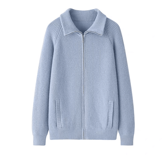 women's cashmere ribbed zipper blue cardigan sweater