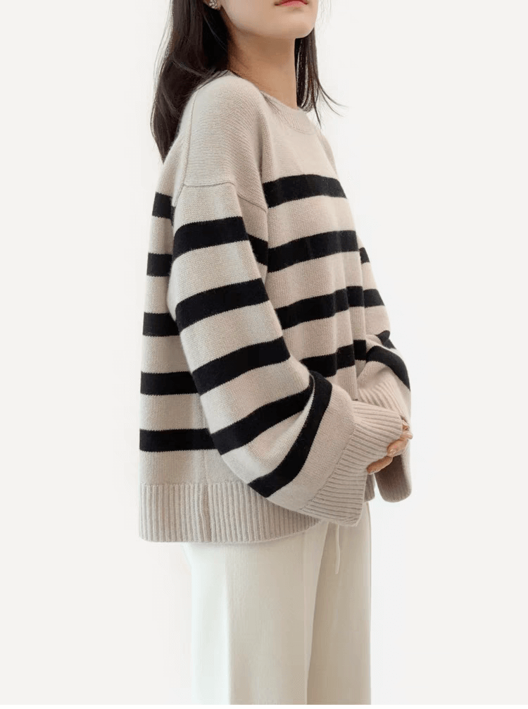 Our thickest, plushest, and most luxurious knits available, women's cashmere chunky strips sweaters in beige and black