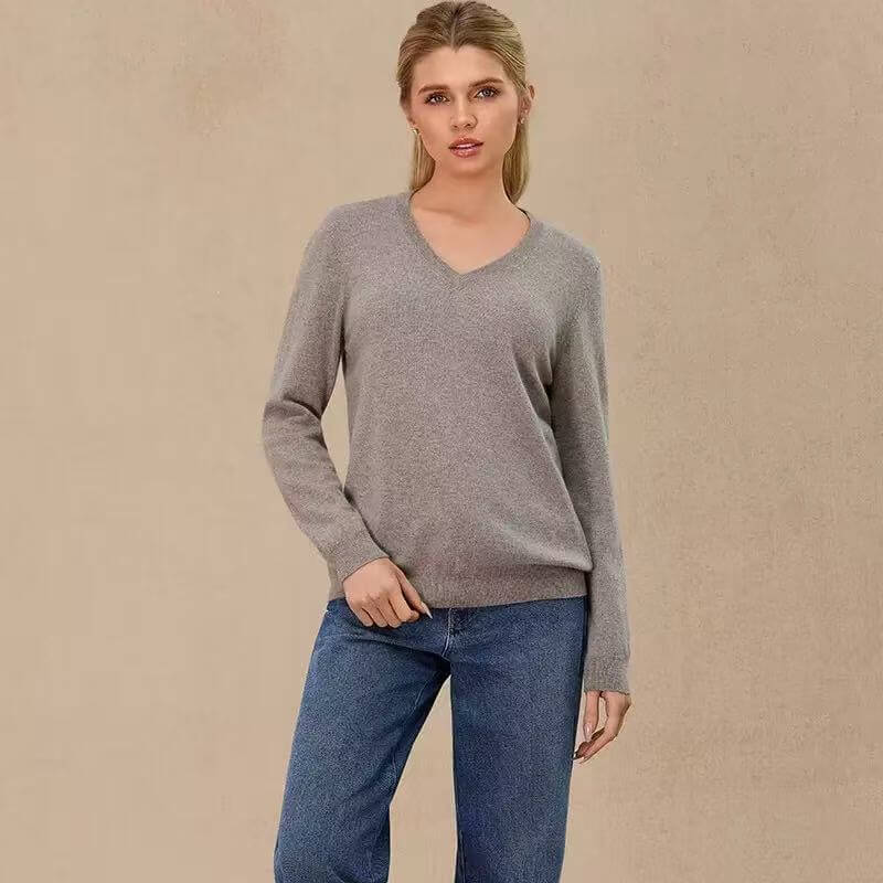 medium gray cashmere V neck sweater outfit styling