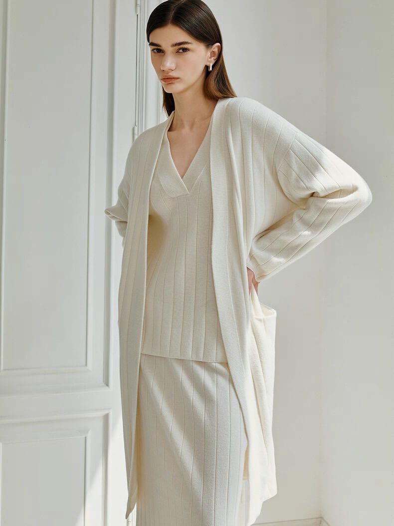 Women’s pure white long 100% cashmere V-neck cardigan knee-length
