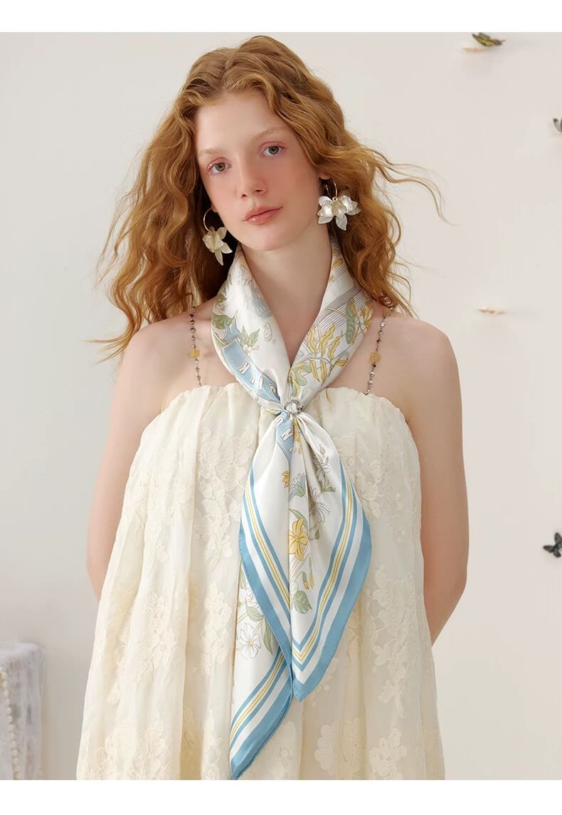 Light Green Silk Twill Scarf with Ocean Motif