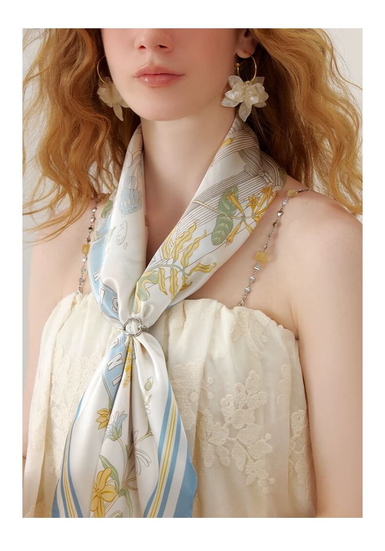 100% Mulberry Silk Ocean Floral Twill Scarf 90x90cm