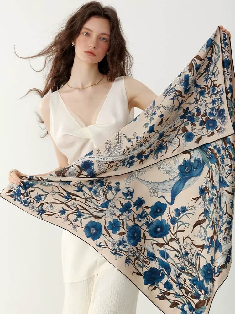 100% Mulberry Silk Floral Twill Scarf 90x90cm – Hand-Rolled Edges