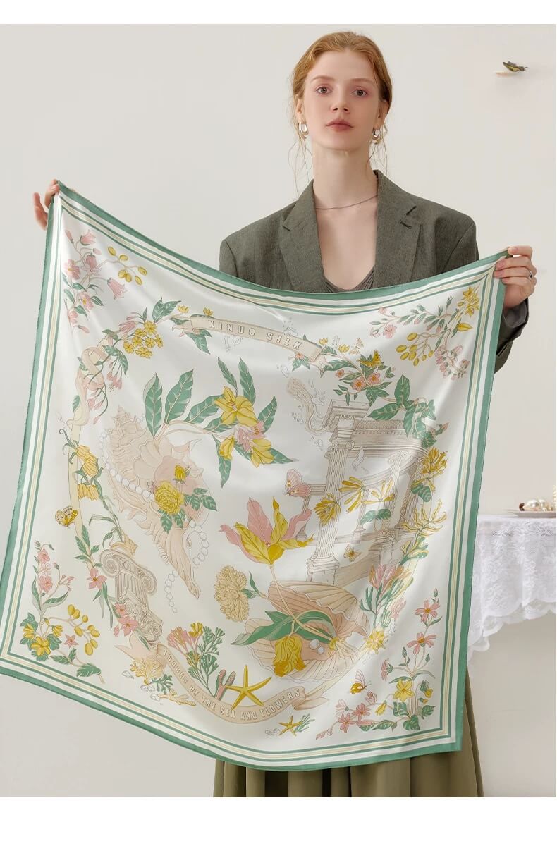 Moss Green 16-Momme Silk Scarf – Double-Sided Print