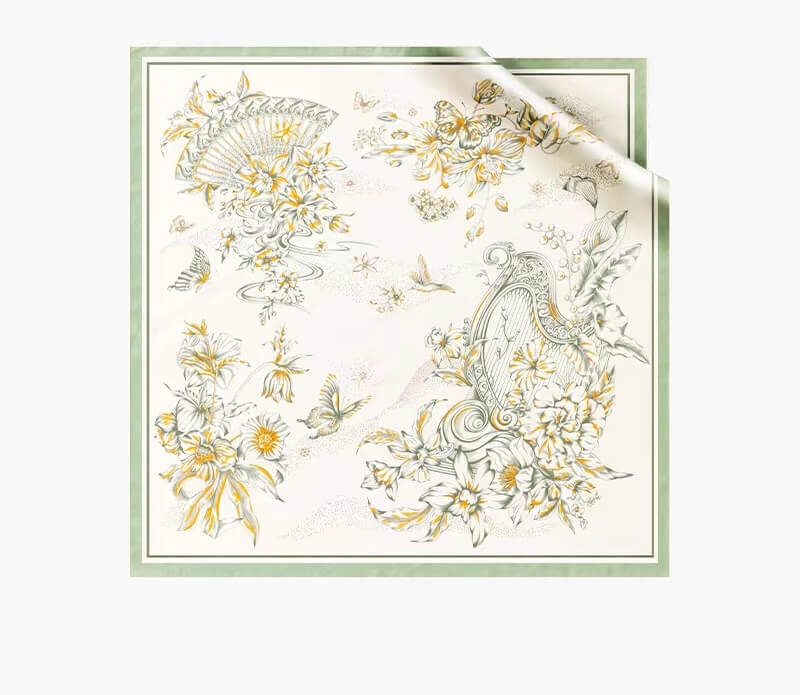 Gold Floral Silk Scarf with Fan and Harp Design