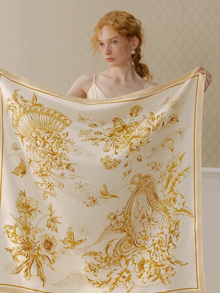 Hand-Rolled Edge Detail – Pure Silk Scarf,Gold Floral Silk Scarf with Fan and Harp Design
