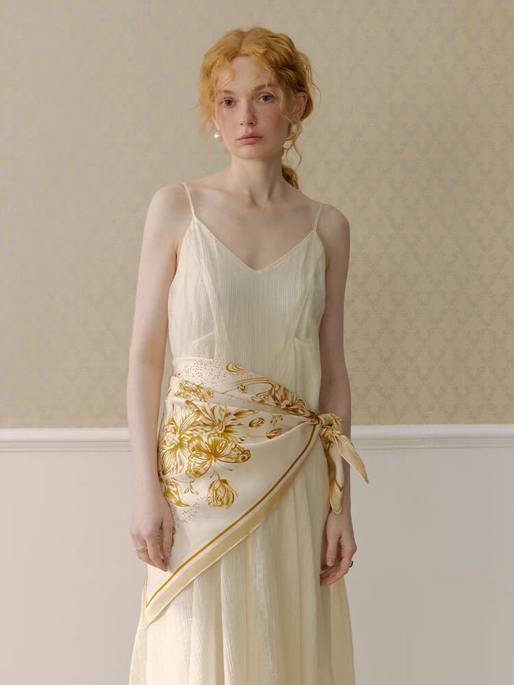 	Luxury Silk Square Scarf with Orchid and Tulip Print