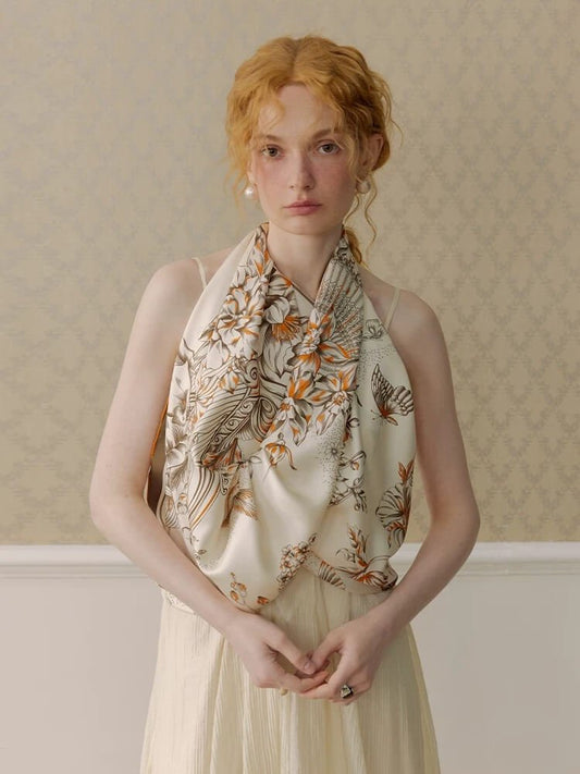 100% Mulberry Silk Floral Twill Scarf 90x90cm