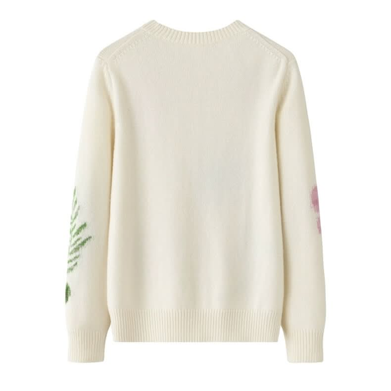 White Cashmere Jacquard Crewneck Sweater for women