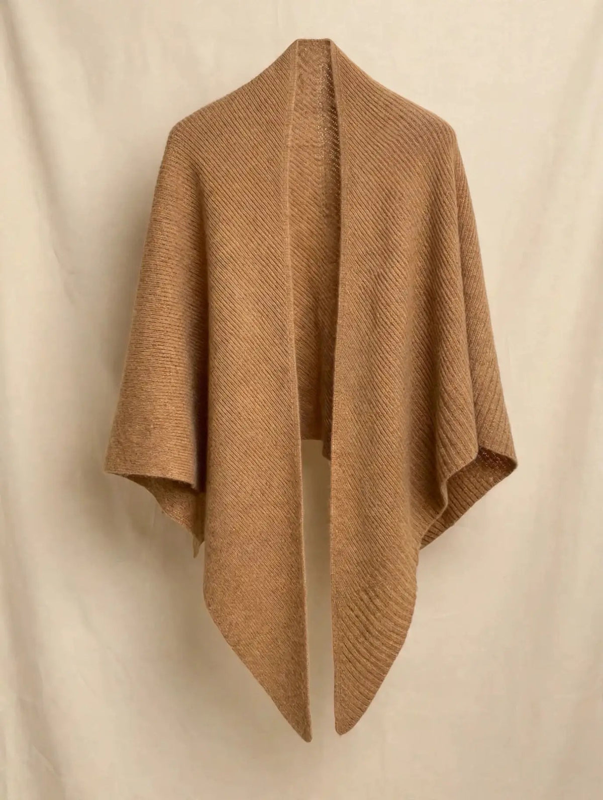 Camel 100% cashmere ribbed triangle scarf draped on an invisible mannequin, front view