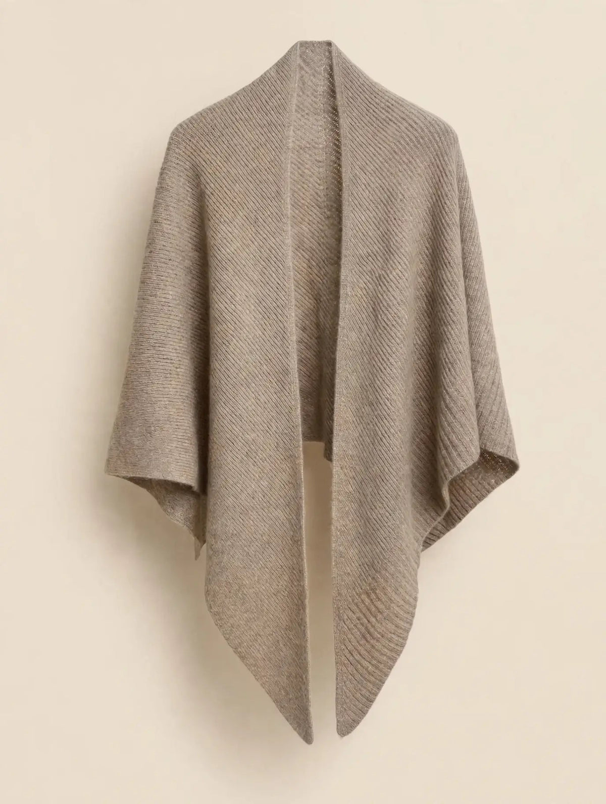Taupe 100% cashmere ribbed triangle scarf draped on an invisible mannequin, front view