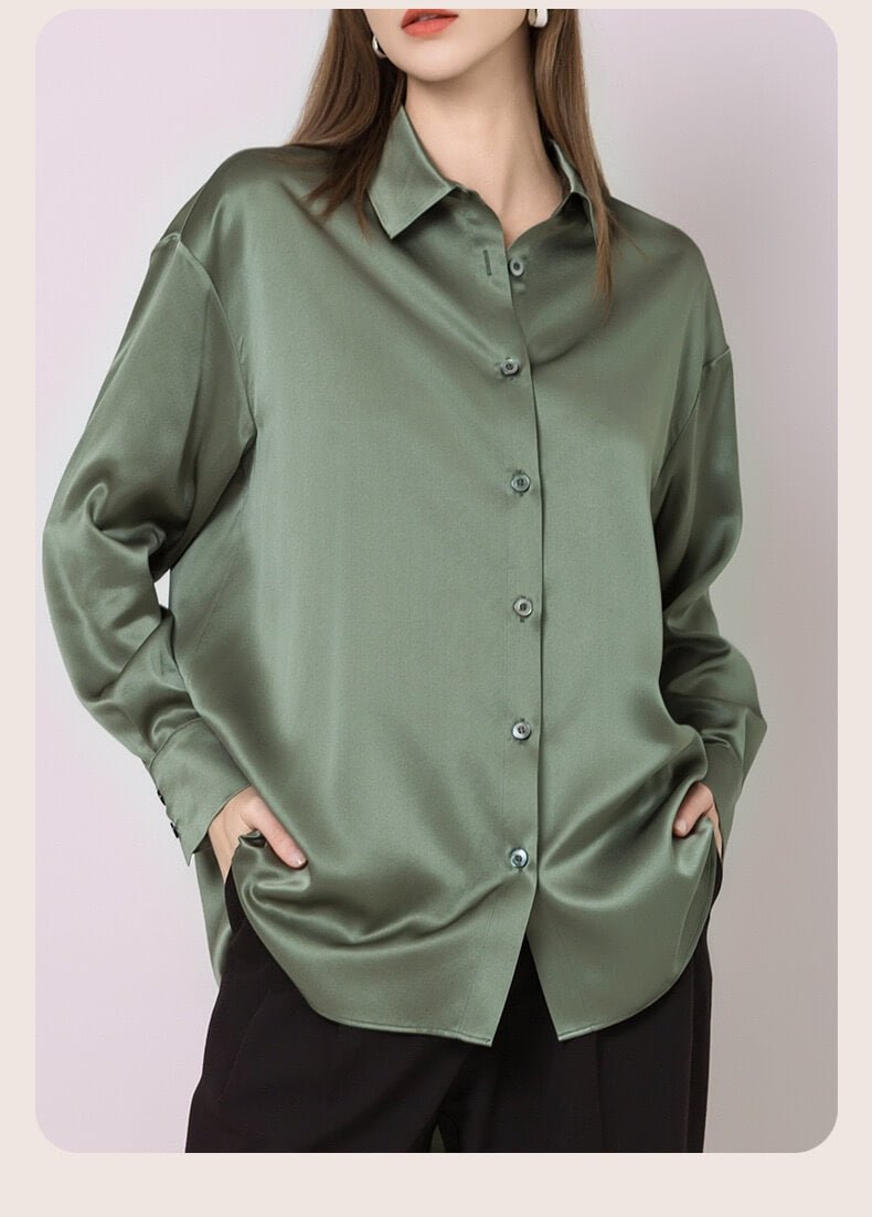 Side view women’s silk shirt green,Bamboo green mulberry silk blouse front