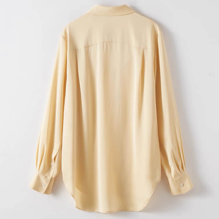 Women’s pleated neckline silk shirt,Warm cream yellow silk blouse detail