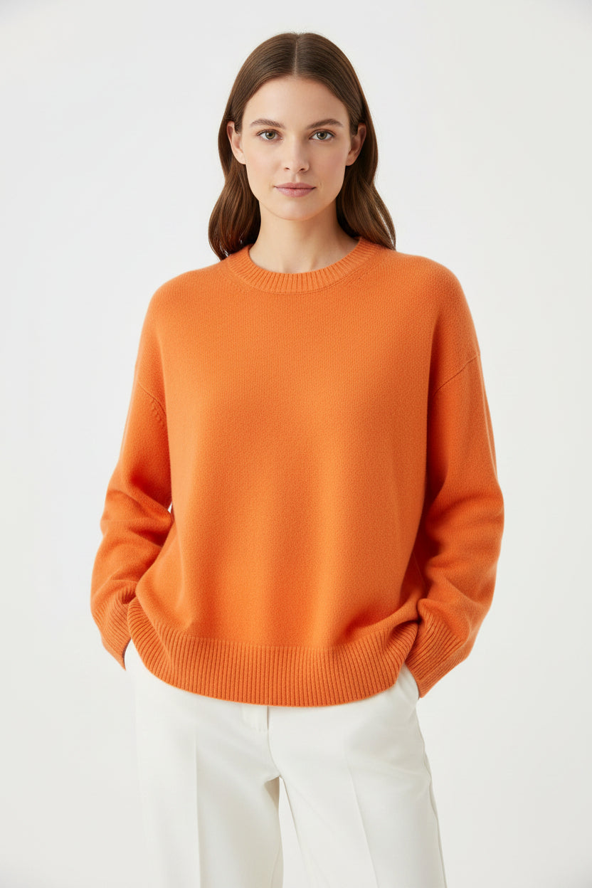 Women's 100% Cashmere Oversized Sweater in Orange, Relaxed Fit Crewneck Knit with Modern Drop Shoulders and Ribbed Trim
